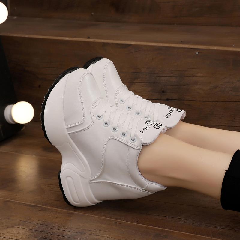 Women's Ankle Boots 2025 Autumn PU Leather Shoes Woman Platform Height Increased Sneakers 11 CM Thick Sole Wedges White Boots