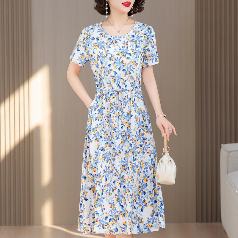 Grote Maten Casual Zomer Damesjurken Elegant Slank Korte Mouw Vintage Print Lange Jurk Dames Zomerkleding