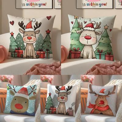 Christmas Reindeer Festive Moe Cushion Cover Pillowcase Short Plush Invisible Zipper Room Sofa Cushion Cover