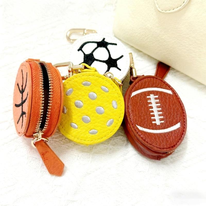PU Leather Sports Theme Keychain Coin Pouch Small Wallet For Football Basketball Rugby Fan Waterproof Accessory
