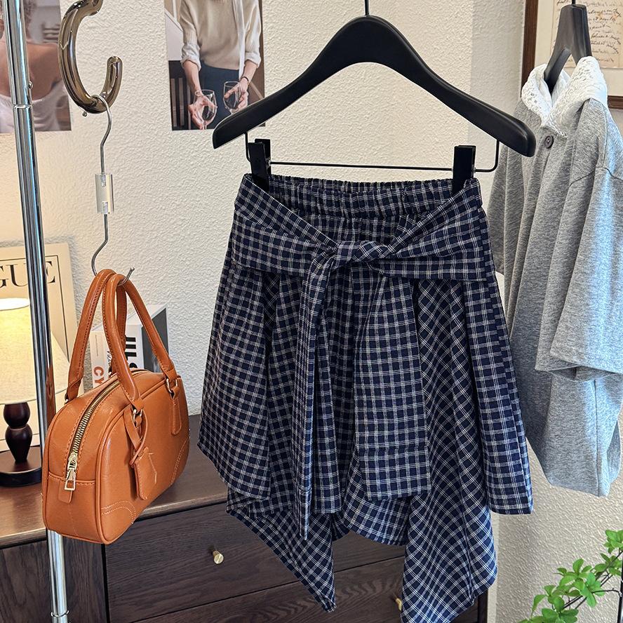 Korean Style Casual Sporty Versatile Tie Waist Plaid Skirt Summer Hot Girl Style Irregular Design Women's Skirt