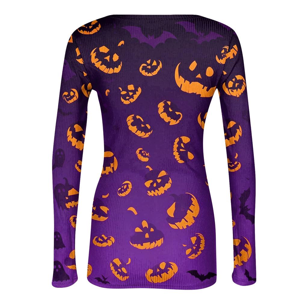 Women Casual Long Sleeve Ribbed Knit Top Crew Neck Halloween Print Slim Fit Stretchy Pullover Shirt for Fall and Winter