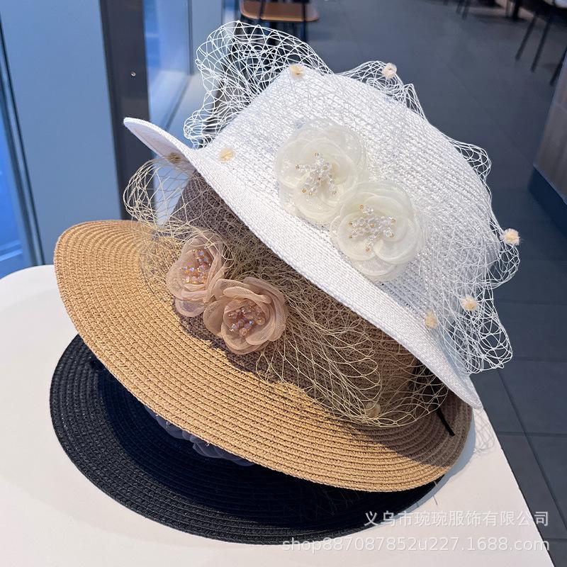 French sun hat mesh flower sun hat British flat top straw hat sun protection sun shade beach hat fashion hat top hat