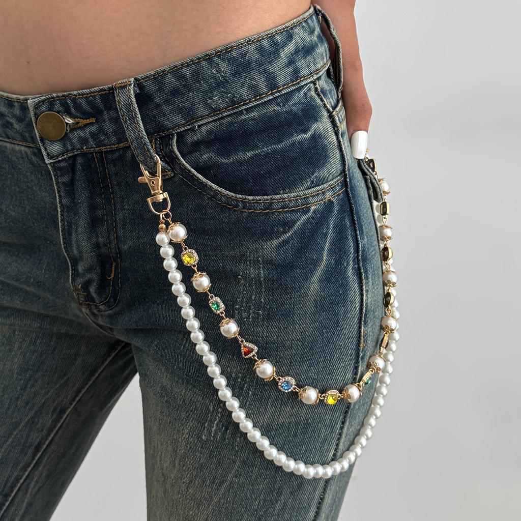 Hip-Hop Diamond-Encrusted Cross Pendant Waist Chain, Sweet And Cool Imitation Pearl Flower Chain Trouser Chain Pendant.