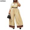 VONDA Damen Lapel Kragen 3/4 Ärmel Lässig Elegant Lang Weiter Bein Jumpsuit Rompers Für Große