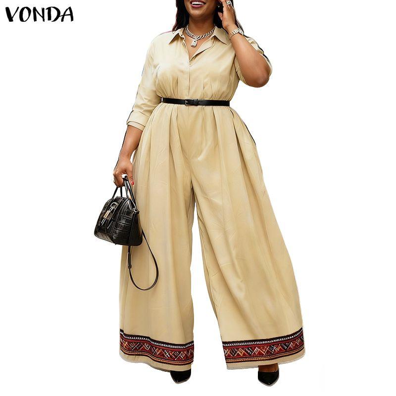 VONDA Damen Lapel Kragen 3/4 Ärmel Lässig Elegant Lang Weiter Bein Jumpsuit Rompers Für Große