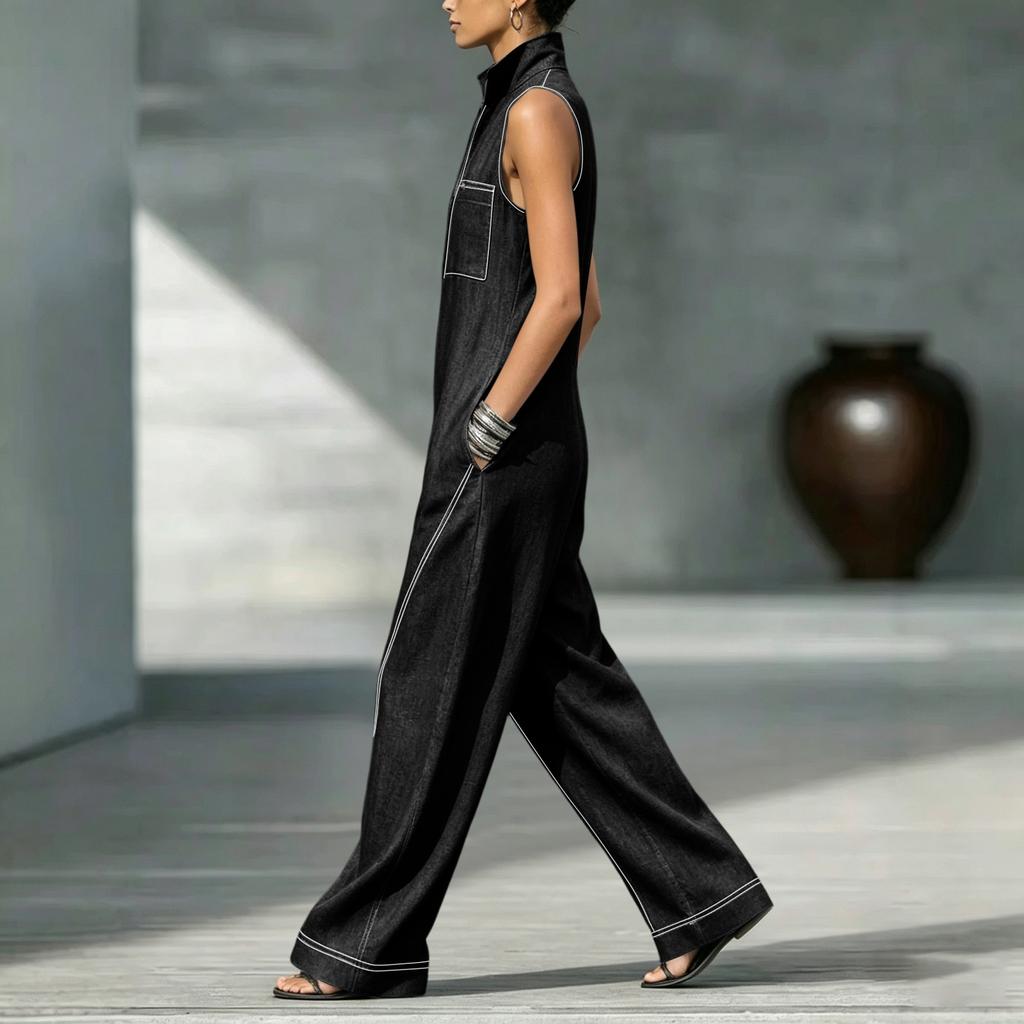 Women's Stand Collar Sleeveless Loose Fit Jumpsuit with Zipper Front and Stitching for Casual Wear