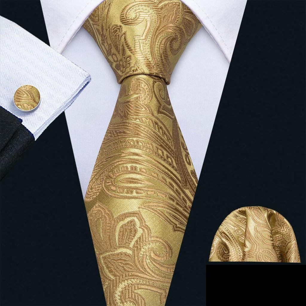 Barry Wang Formal Mens Paisley Silk Tie Set Mens Necktie Pocket Square Cufflinks Wedding