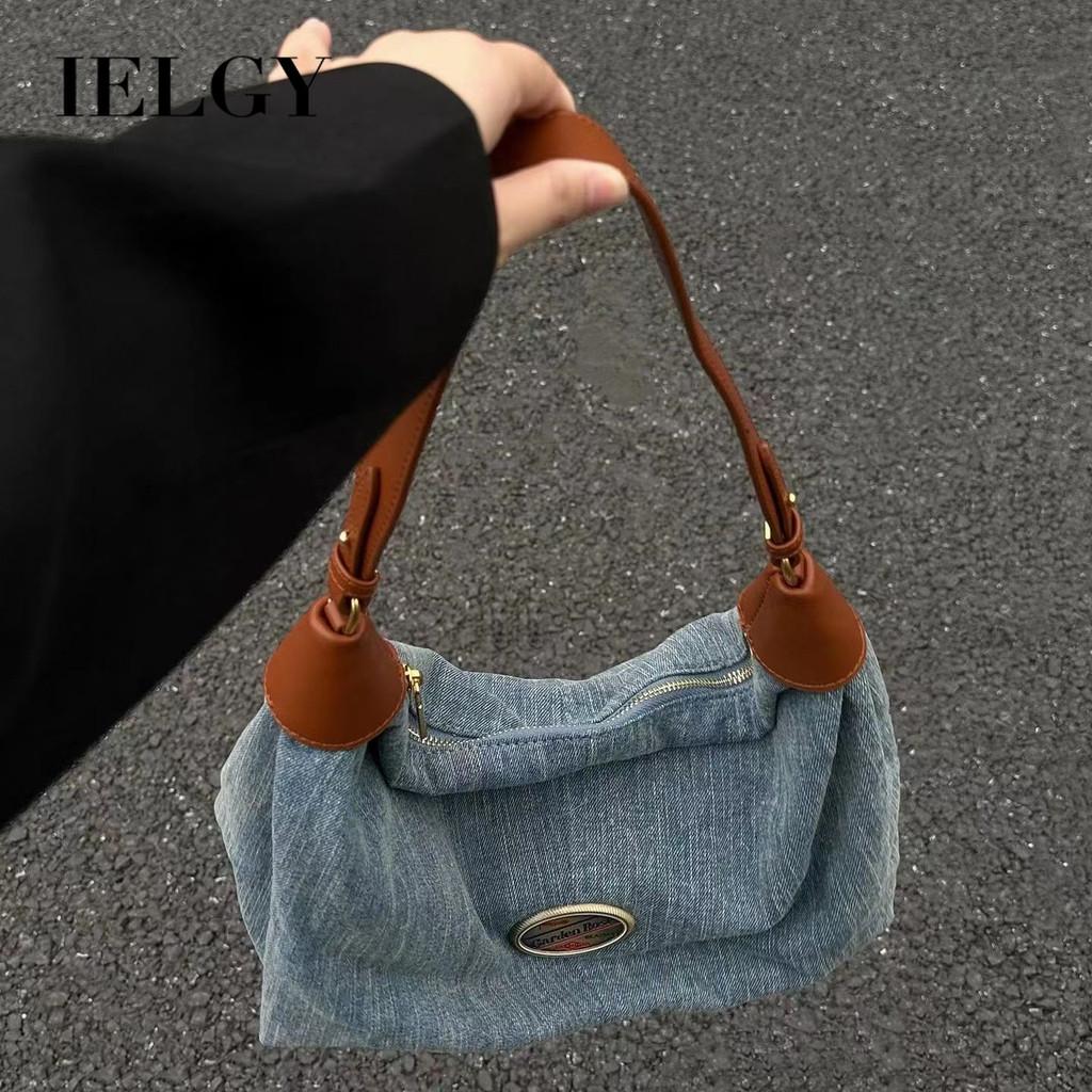 IELGY Retro Large-Capacity Denim Underarm Bag French One-Shoulder Underarm Bag Niche Design Tote Bag