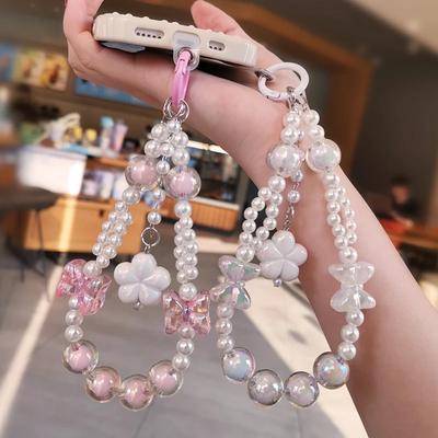 Mobile Phone Lanyard Short Style Wrist Pendant Pearl Chain Bow Flower Pendant Decoration Universal Phone Case Anti Loss Lanyard