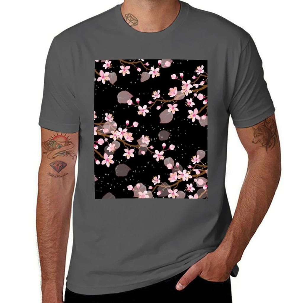 White And Pink Japanese Cherry Blossom Floral Seamless Repetition Pattern On Black TShirt