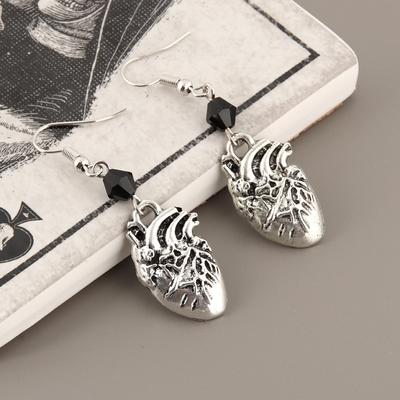 Punk Gothic Style Black Crystal Bead Vintage Silver Color Human Heart Organ Pendant Dangle Earrings Unique Jewelry Gifts
