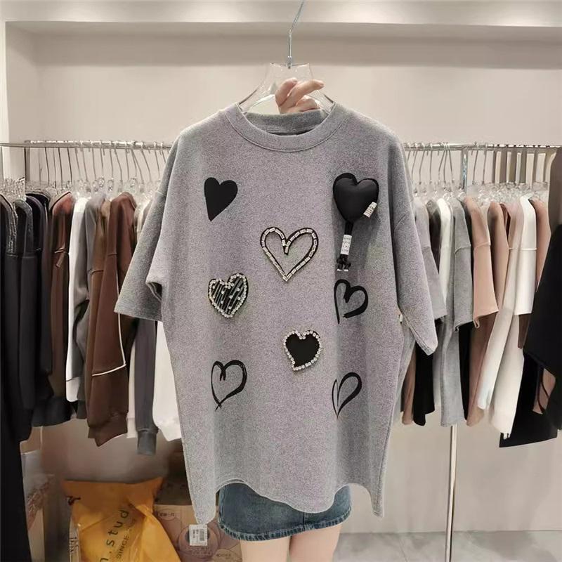 Women Casual Loose Short Sleeve T-Shirt 3D Love Heart Print Cute Sweet Summer Tee Top