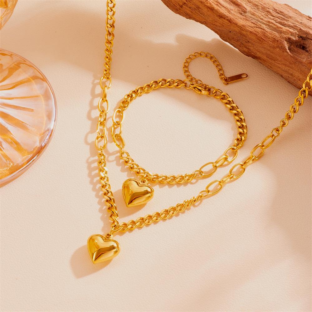 Niche Titanium Steel Heart Pendant Necklace and Bracelet Set - Colorfast Stainless Steel