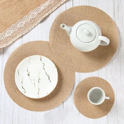 10 Stück Runde Leinen Jute Jute Tischset Tischmatte Esstisch Teetassen Untersetzer Zuhause Hochzeit Geburtstagsparty DIY Dekoration