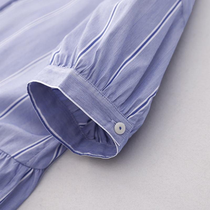 2025 Spring New Round Neck Short-sleeved Cardigan Dress Women's Small Striped Medium and Long Shirt Skirt