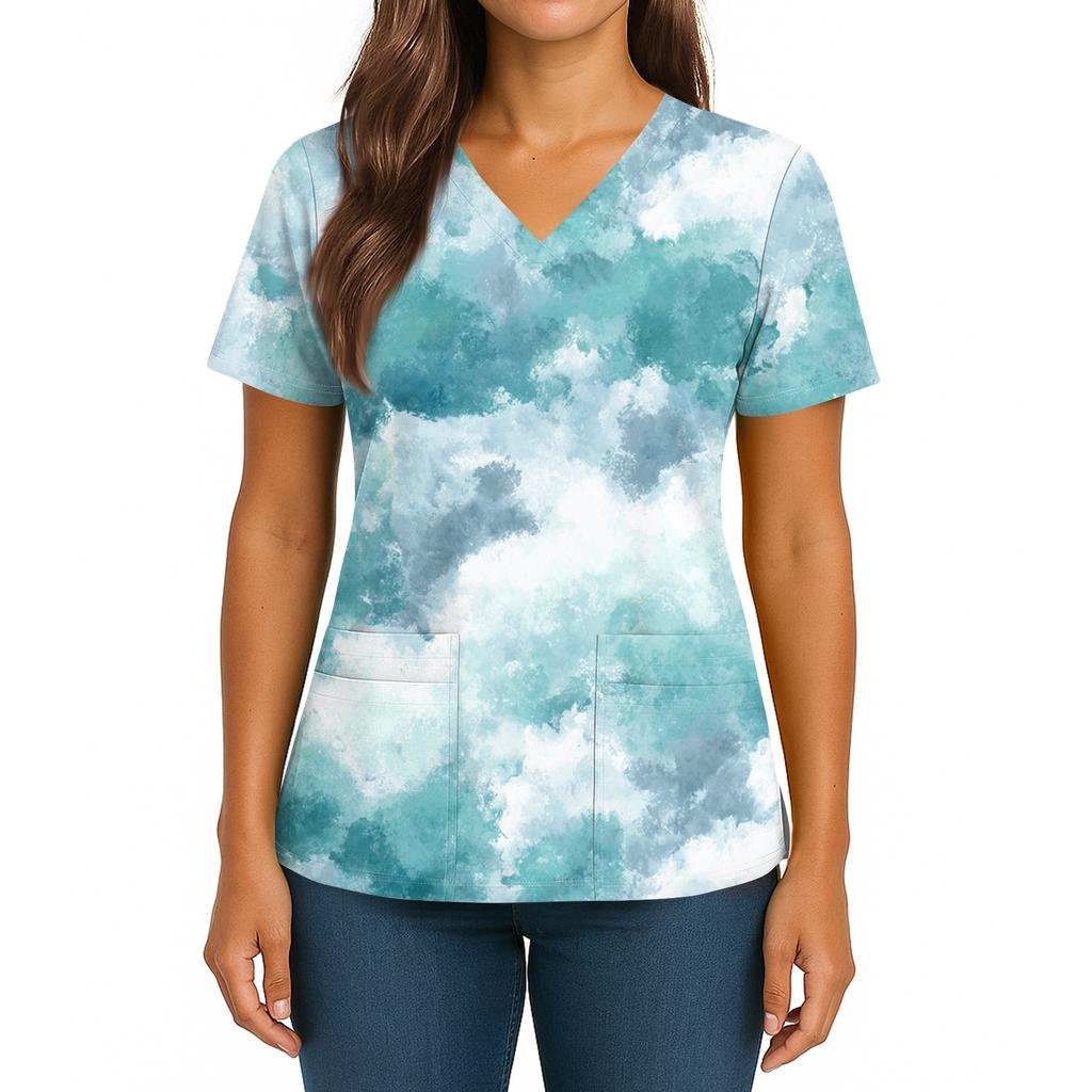 Women's Gradient Print V-Neck Double Pocket Short Sleeves Hem Slit Uniform Caregiver Top