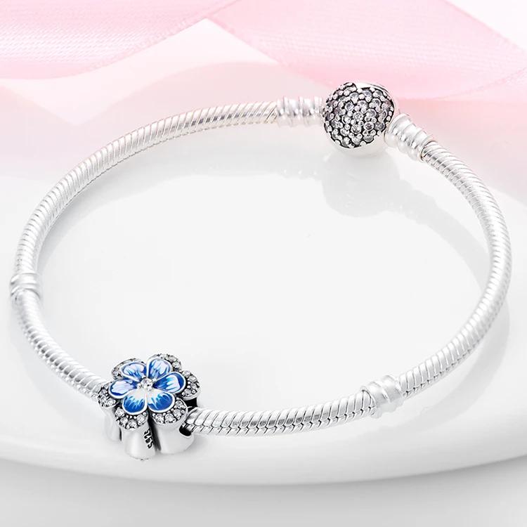 Charms Original Copper Blue Flower Beads Fit Bracelet Diy Fine Gift Women Delicate Jewelry Accessory
