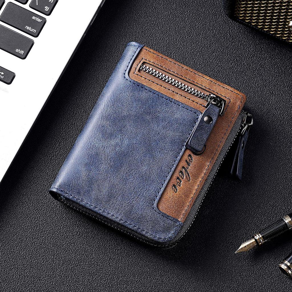 Retro Men's Color Block Leather Wallet with Zipper – Multi-functional Card Holder with Multiple Slots