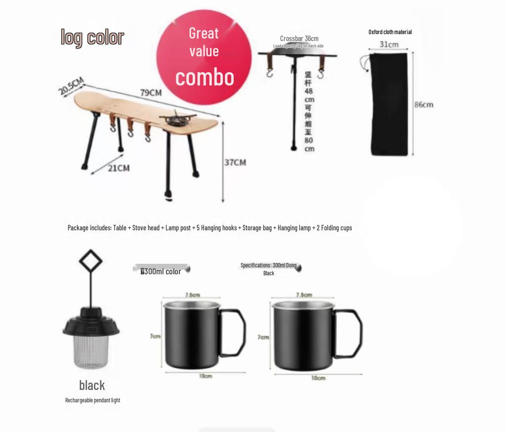 Skateboard-Style Portable Solid Wood Folding Table for Camping and Outdoor Use