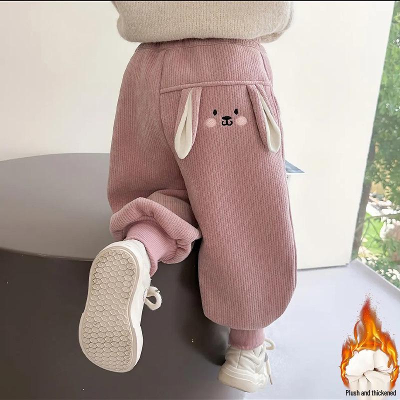 Fleece-Lined Cuffed Autumn/Winter Pants for Girls - Windproof, Warm Cartoon Design