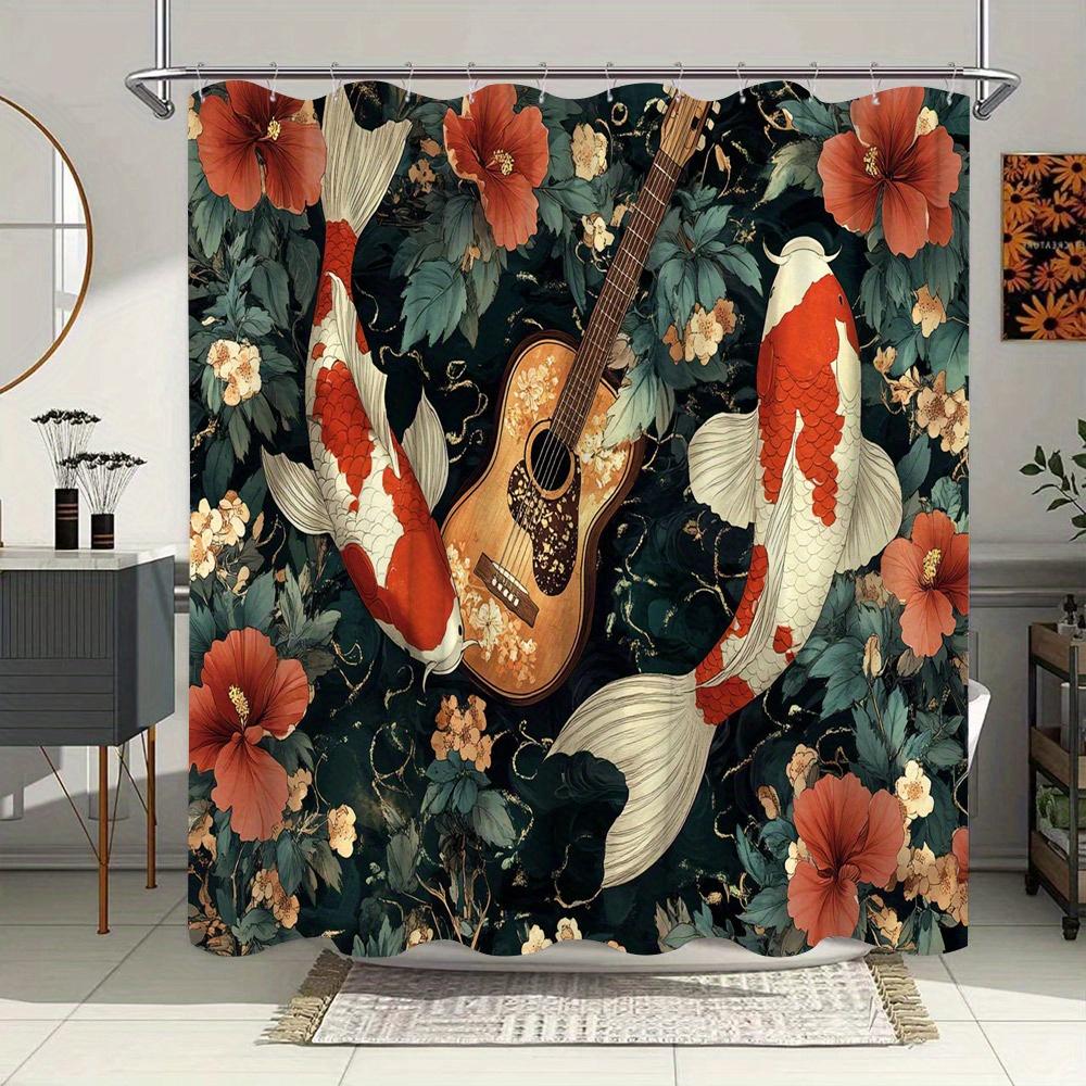

Koi Fish And Guitar With Floral Pattern Waterproof Shower Curtain,Modern Bathroom Decor,Stylish And Durable,Perfect For Home Use W60H190(CM)-1 Pcs