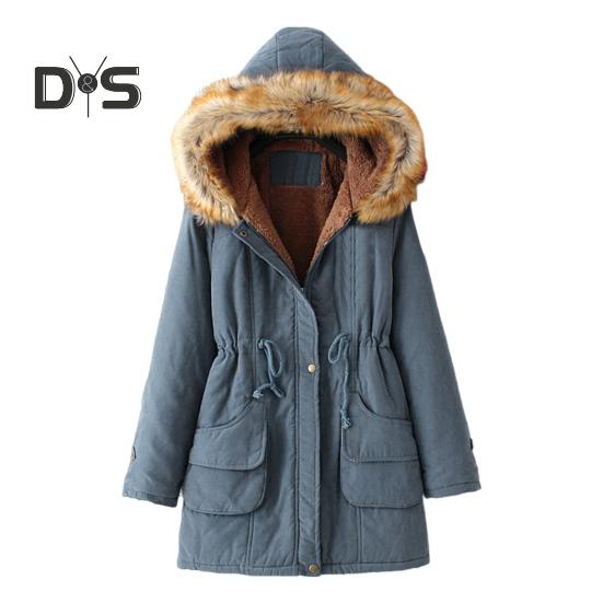 

Зимнее женское хлопковое пальто с завязками на талии, облегающий крой, искусственный меховой капюшон, флисовая подкладка, застежка на молнию и кнопки, ветрозащитная куртка средней длины, верхняя одежда M синий