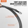 Drain Cleaning Cable 100 FT X 3/4 Inch, Solid Core Steel Drain Cleaner Cable with 4 Cutters for 3.9" To 7.9" Pipes, Professional Inner Core Sewer