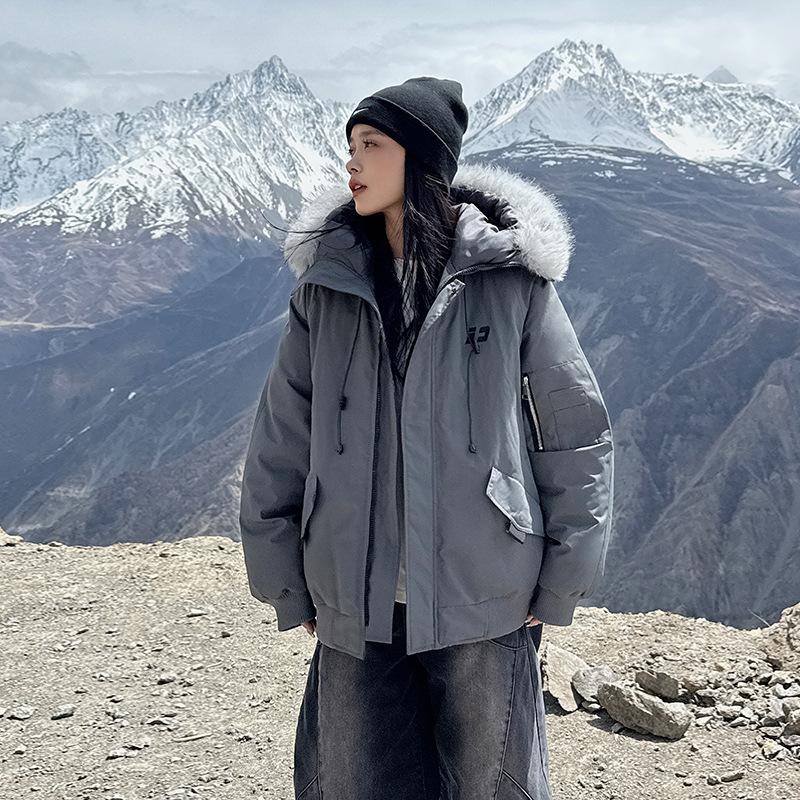 Bavlnou vycpaný Dámský Americký Retro Školní Překonává Velký Kožešinový Límec Kabát s Kapucí Krátká Péřová Vatovaná Bunda