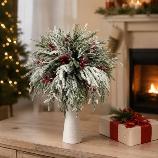 Tabletop Plant Ornaments for Home 20Pcs Christmas Norfolk Pine Picks, Flocked Snow Branches with Lifelike Floral Decor Gift Red Berries, Artificial
