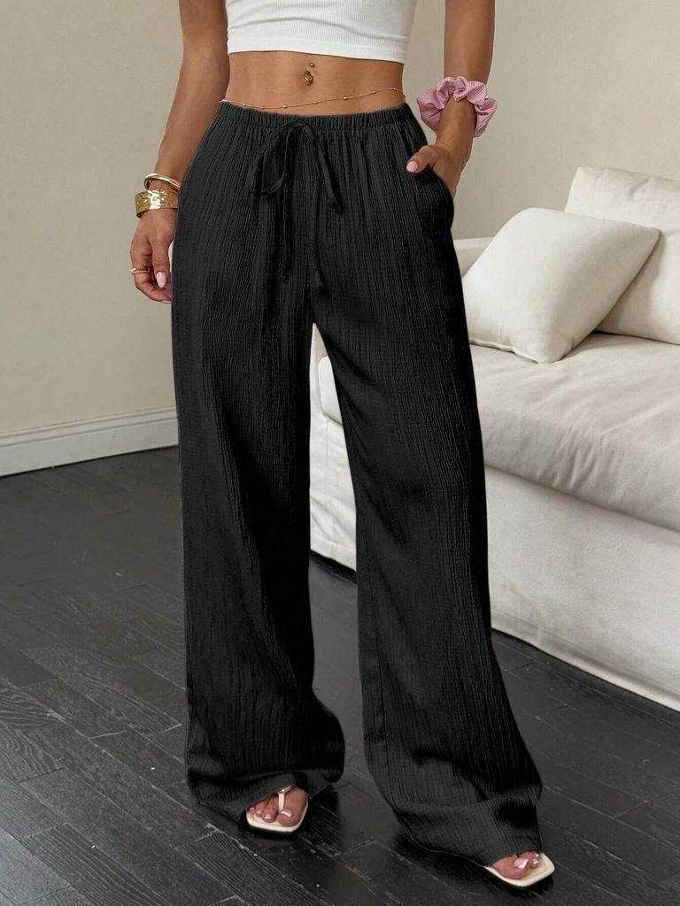 Pantaloni Larghi a Vita Media da Donna Pantaloni a Vestibilità Ampia Casual con Coulisse Intrecciati Estivi Lunghi per l'Uso Quotidiano
