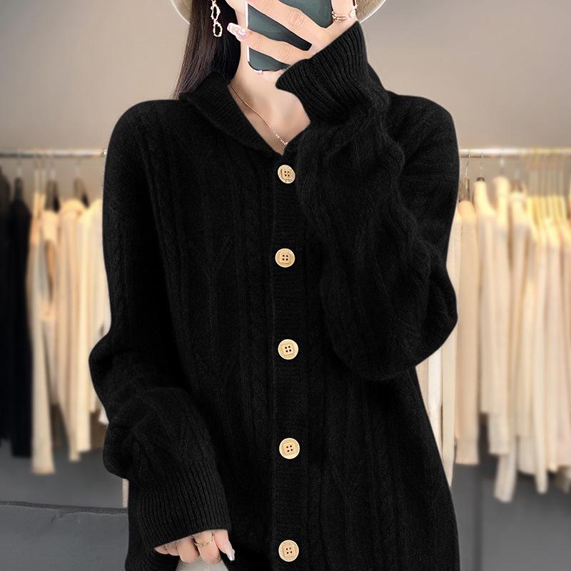 Women's Thick Woolen Cable Knit Cardigan with Lapel - Autumn/Winter Long Sleeve Cashmere Knitwear.
