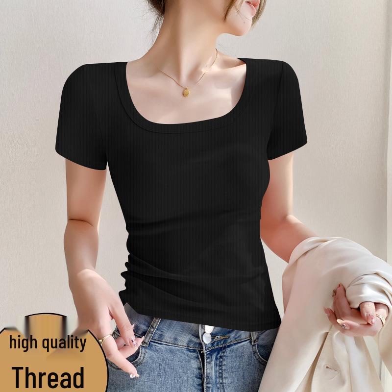 Women's Short-Sleeve Square Neck Ribbed T-Shirt – Minimalist Trendy Style