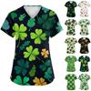 Ladies' St. Patrick Print Fashionable V-neck Pocket Short Sleeved  Uniform And Caregiver Top