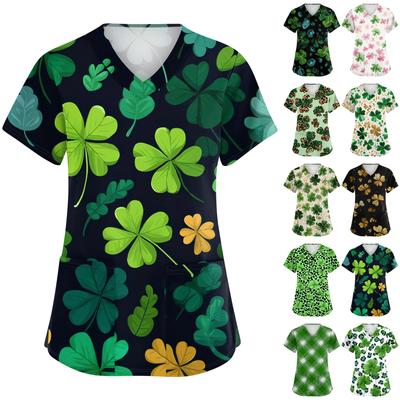Damen St. Patrick Print Modischer V-Ausschnitt Tasche Kurzarm Uniform und Pflegeoberteil