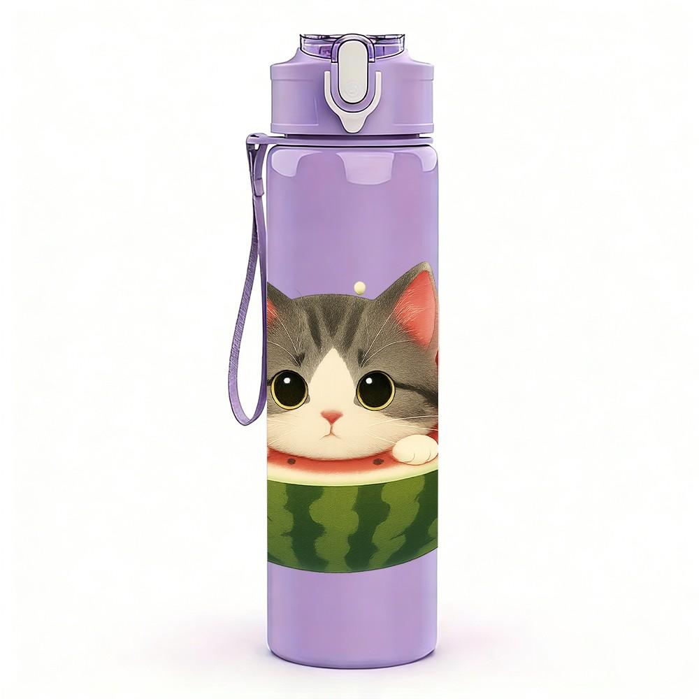 1PC Cat Inside Watermelon Fruit Pattern 750ml Color Plastic Sports Water Bottle Leakproof Flip Straw Lid Suitable for Sports Office Home Use