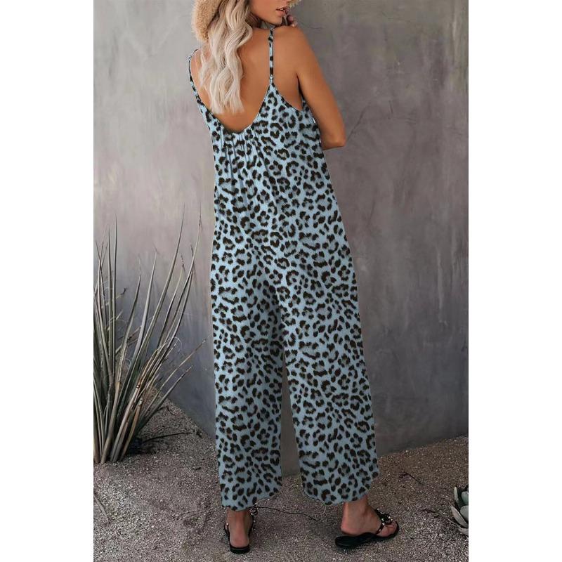 Women Summer Casual Sleeveless Leopard Print Loose Strap One Piece Long Jumpsuit
