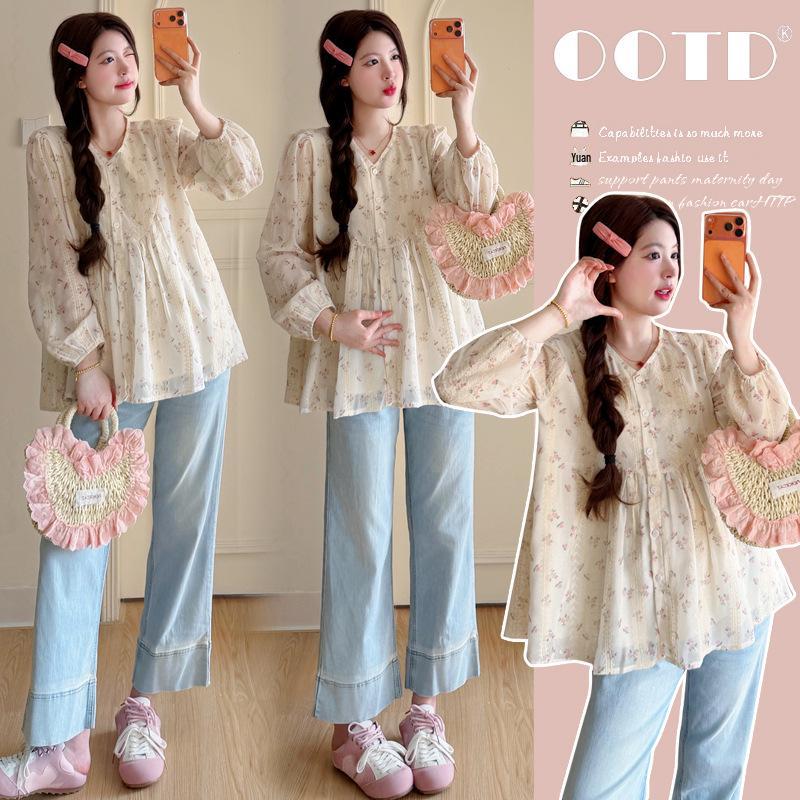Floral Embroidered V-Neck Maternity Doll Shirt - Slimming, Concealing, Plus Size Large