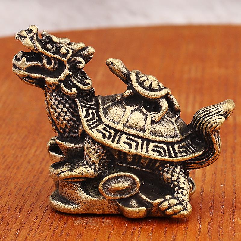 Dragon Turtle and Its Mother, Jade Turtle Figurine. Yellow Copper Turtle. Retro Copper Coin-shaped Turtle. Jade Turtle Coin Tea Table Handicraft.