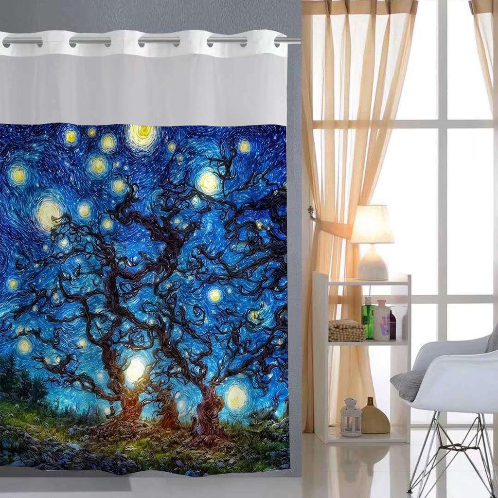 No Hook Sky Colored Drawing Shower Curtain With Snap-in Fabric Liner Sheer Top Window, Double Layer Bathtub Curtain