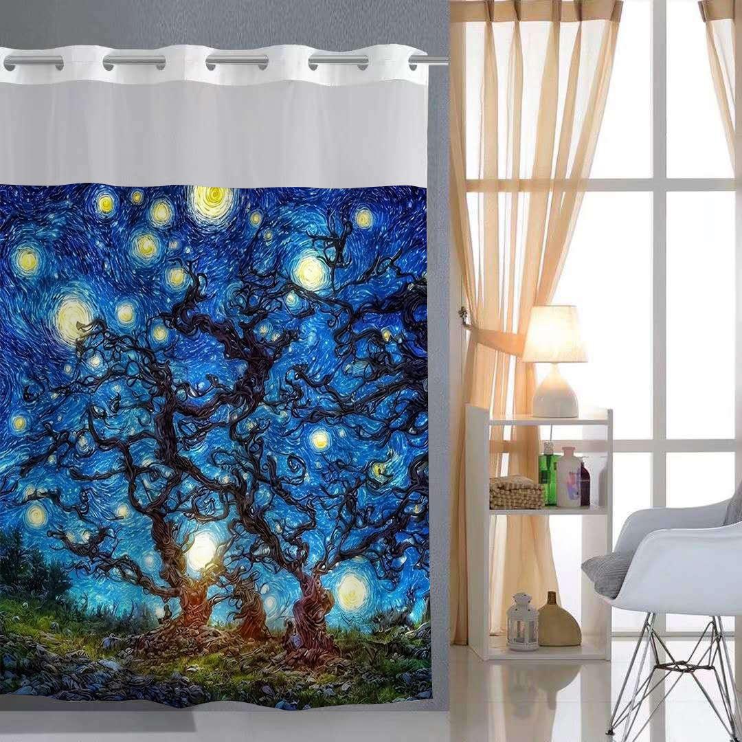 

No Hook Sky Colored Drawing Shower Curtain With Snap-In Fabric Liner Sheer Top Window, Double Layer Bathtub Curtain W60H190(CM)-1 Pcs