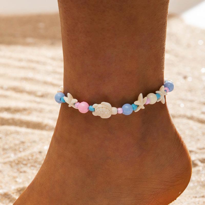 Ocean beach resort wind rice beads two-piece set simple contrasting color shell hand-woven anklet