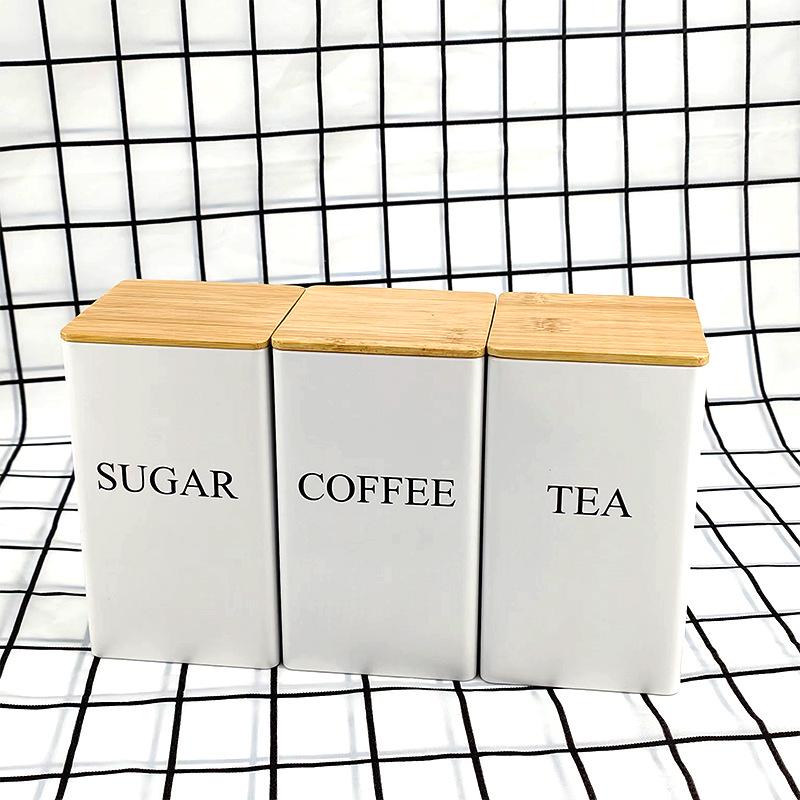 Bamboo Lid Square Metal Storage Tin for Coffee, Sugar, Tea - European American Style