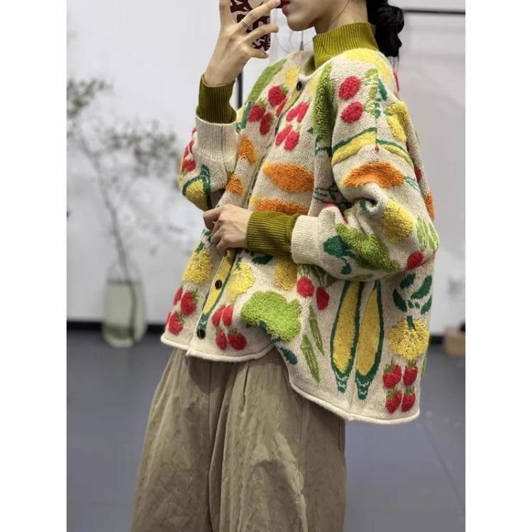 New Fashion Floral Oversize Cardigan Women Sweater Jacket Casual Loose Green Buttons Plus Size Winter Autumn Knitting