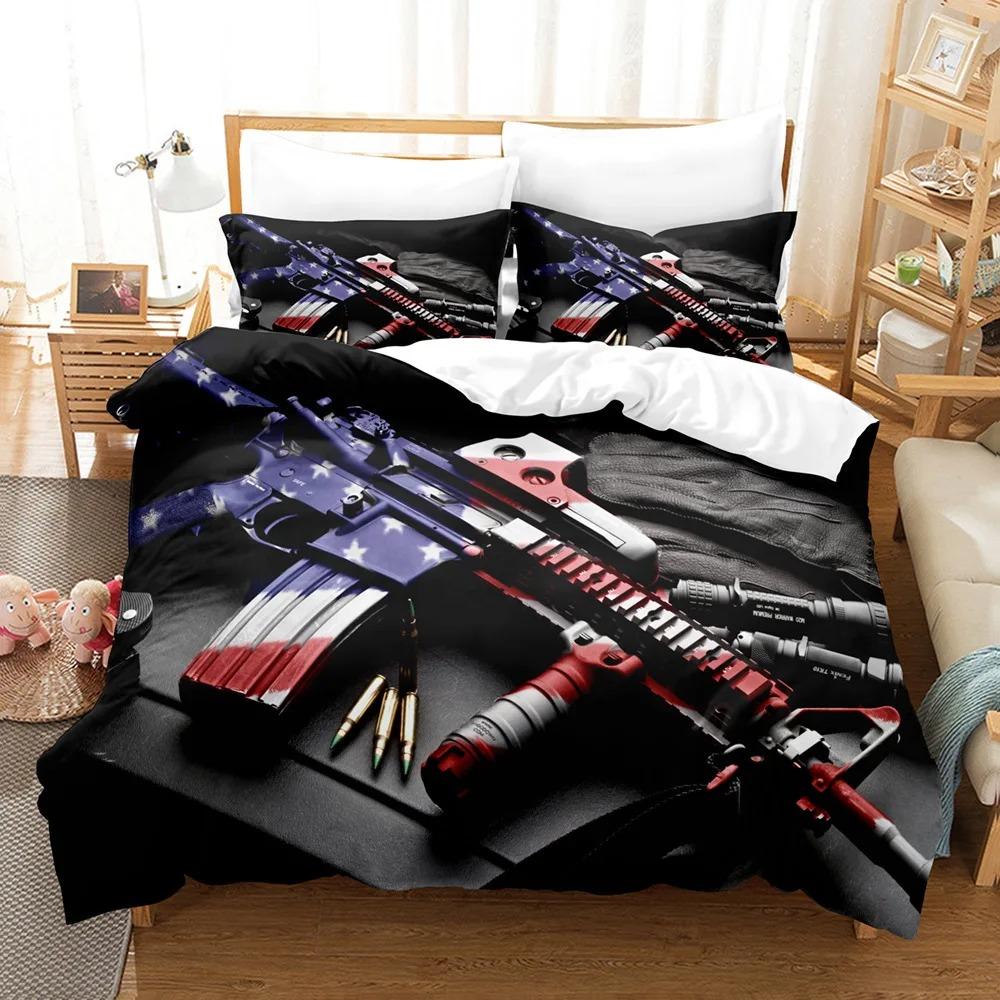 Single/Twin/Full/Queen/King Size 3D - Printed Gaming AK - 47 And PUBG Bullet - Themed Bedding Set For Adult And Kid Bedrooms