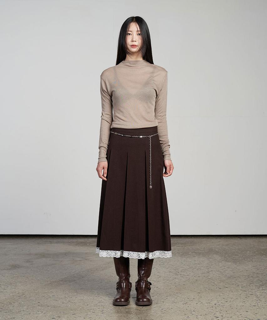 320 Showroom Inverted Pleat Lace Trim Midi Wool Skirt Brown