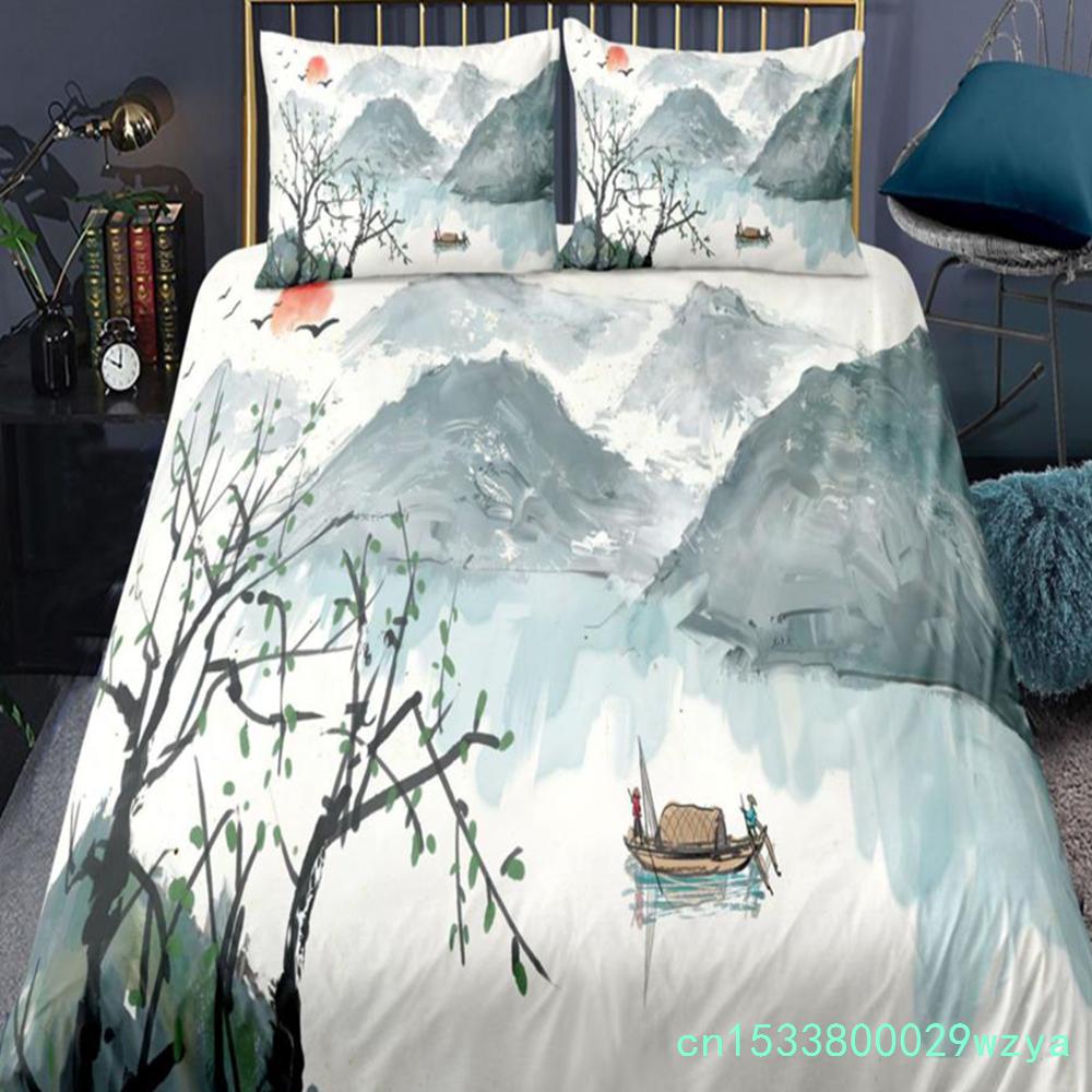 Set da letto paesaggistico in stile cinese Set copripiumino con fiori di prugno con federa Biancheria da letto Singolo Matrimoniale King Size Set piumone