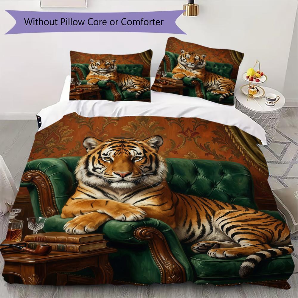 Sweet Tiger Pairs Pattern Bedding Uilt Set Uilt Cover Pillowcase Home Decoration Birthday Gift (1 * Duvet Cover + 2 * Pillowcase Without Core)