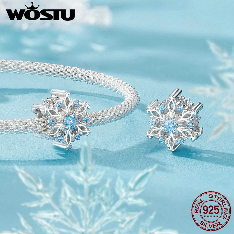 WOSTU 925 Sterling Silver Snowflake Charm Beads Ice Flower Pendant Fit Original Bracelet DIY Necklace Jewelry Making Gift