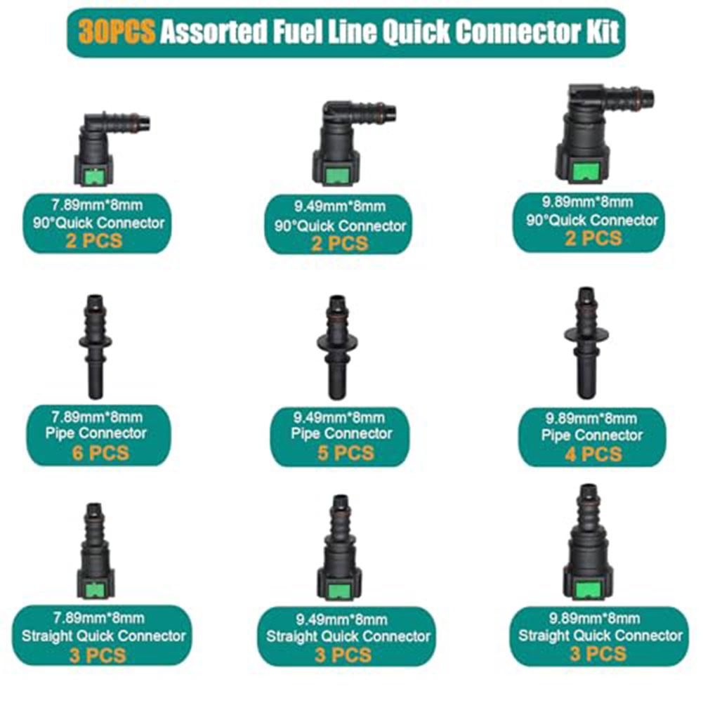 Fuel Line Repair Kit 30PCS with SAE 7.89mm 9.49mm 9.89mm Quick Connect Fittings for 8mm Inner Diameter Nylon Hose